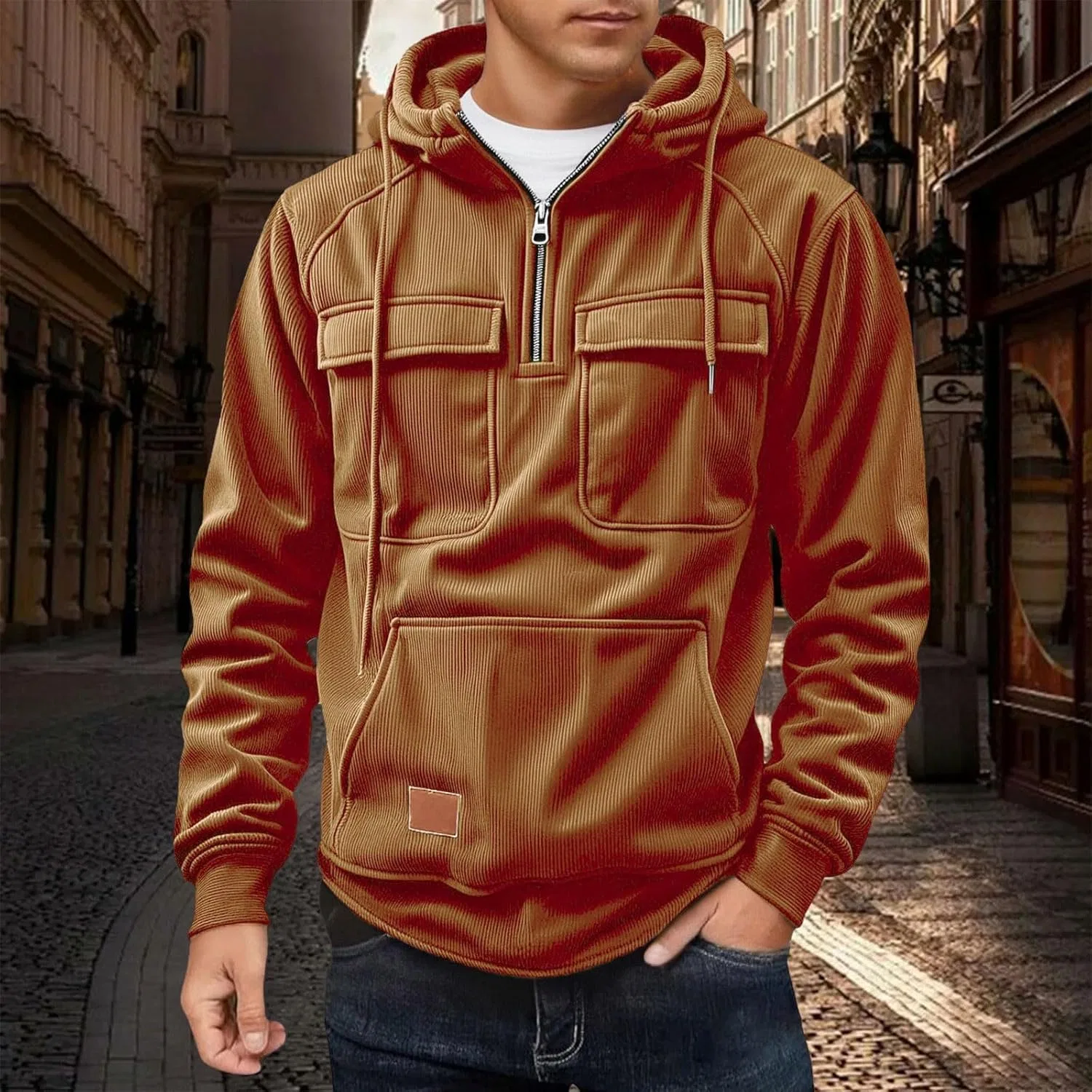 Мужская худи с капюшоном Corduroy, четверть-застежка, карманы, B-orange — фото 2