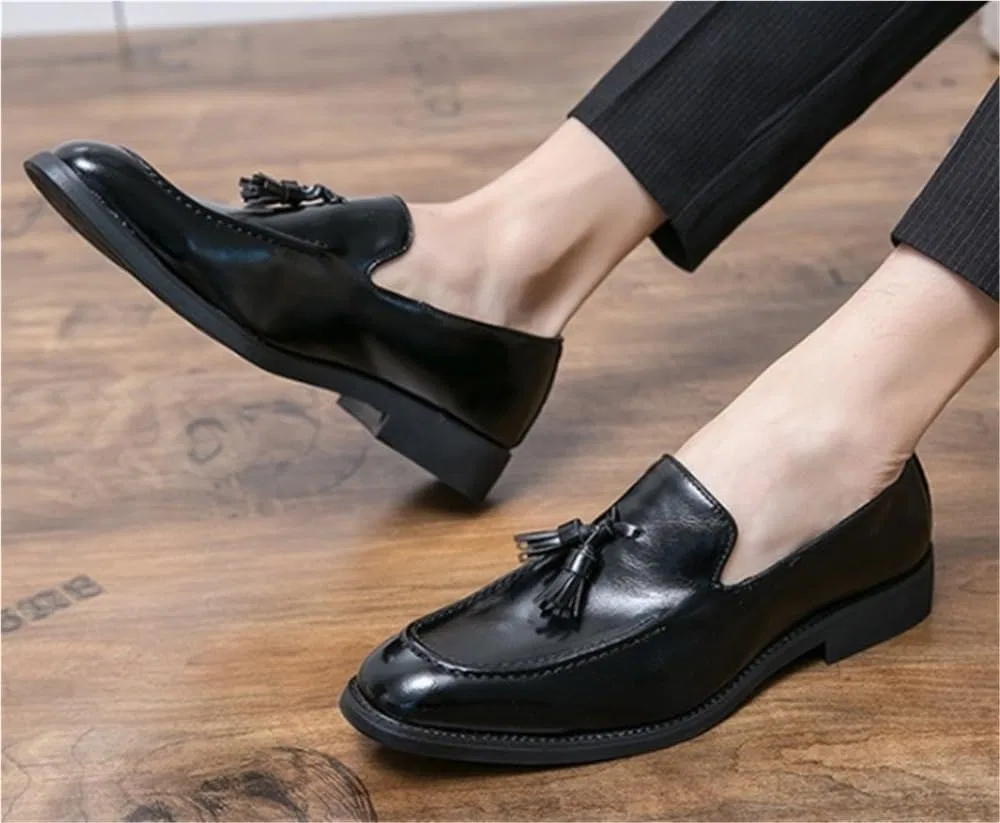 Лоферы мужские Leather Loafers Slip-On с кисточкой, Black DHFIRUFSHLO — фото 3
