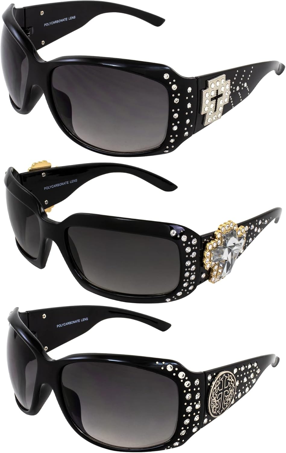 

Женские модные солнцезащитные очки для верховой езды Rodeo Queen (3 пары) в черной оправе с металлическим крестообразным элементом, стразами и линзами с дымчатым градиентом, Black-smoke
