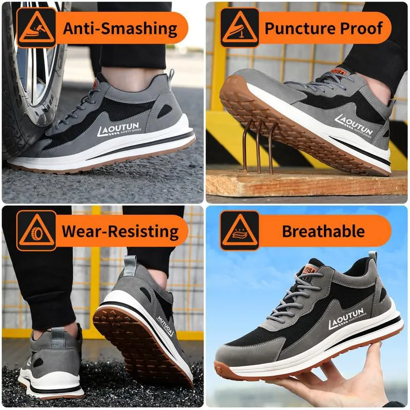 

Рабочие обувь с металлическим носком LAoutun для мужчин и женщин, защищающие безопасностью, неразрушимые кроссовки с металлическим носком, легкая рабочая обувь, черный