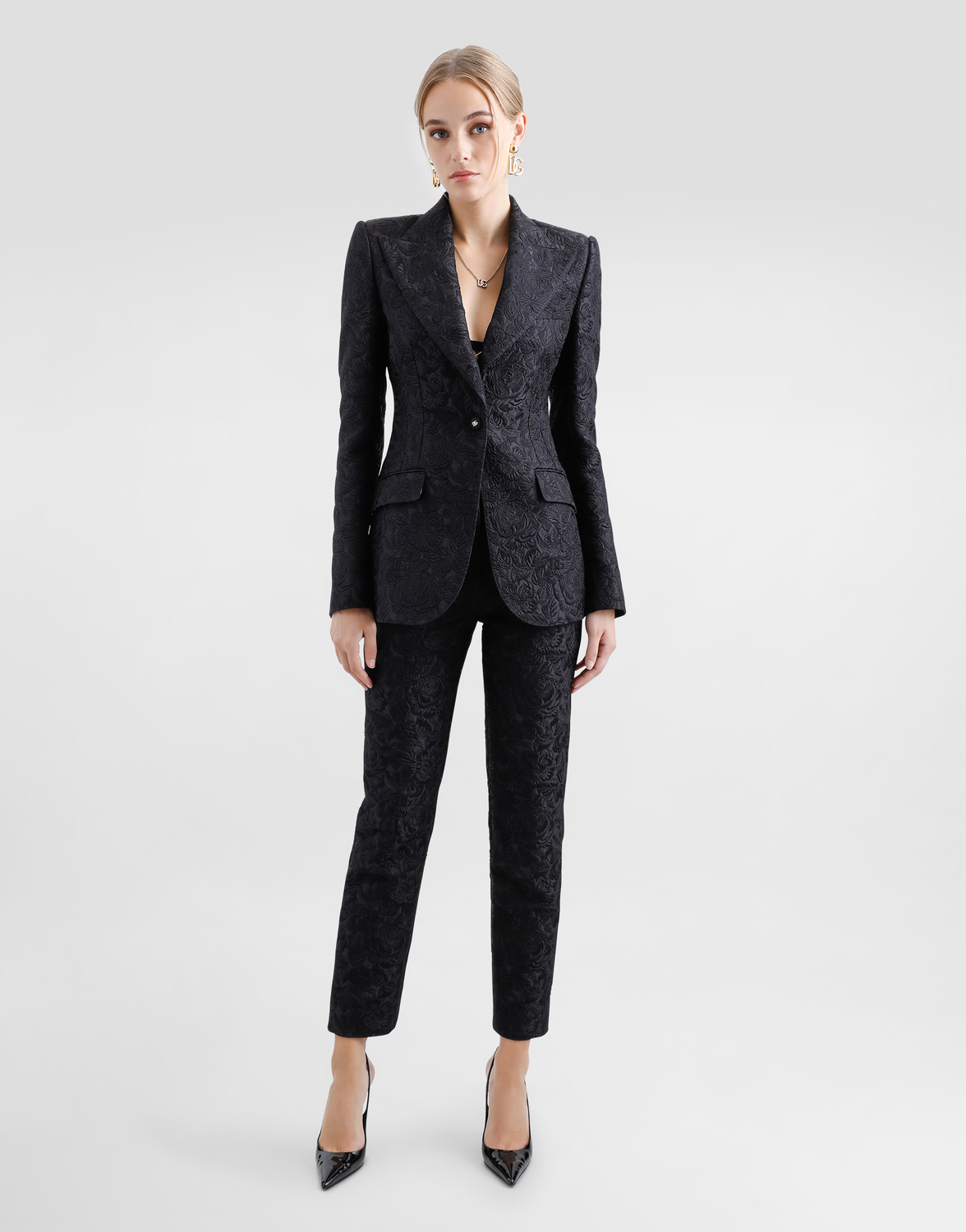 Одинорядный стеганый жаккардовый жакет с цветочным узором turlington Dolce & Gabbana, черный — фото 2