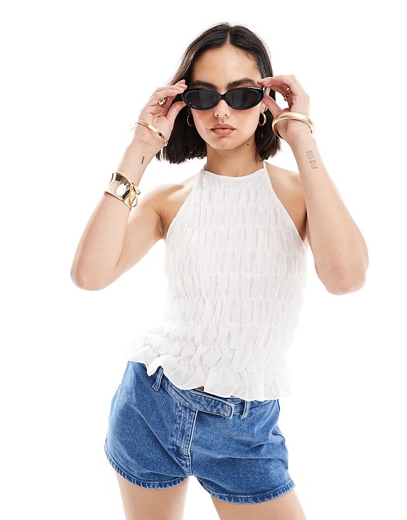 

Шифоновый топ с халтером и сборками цвета слоновой кости ASOS DESIGN
