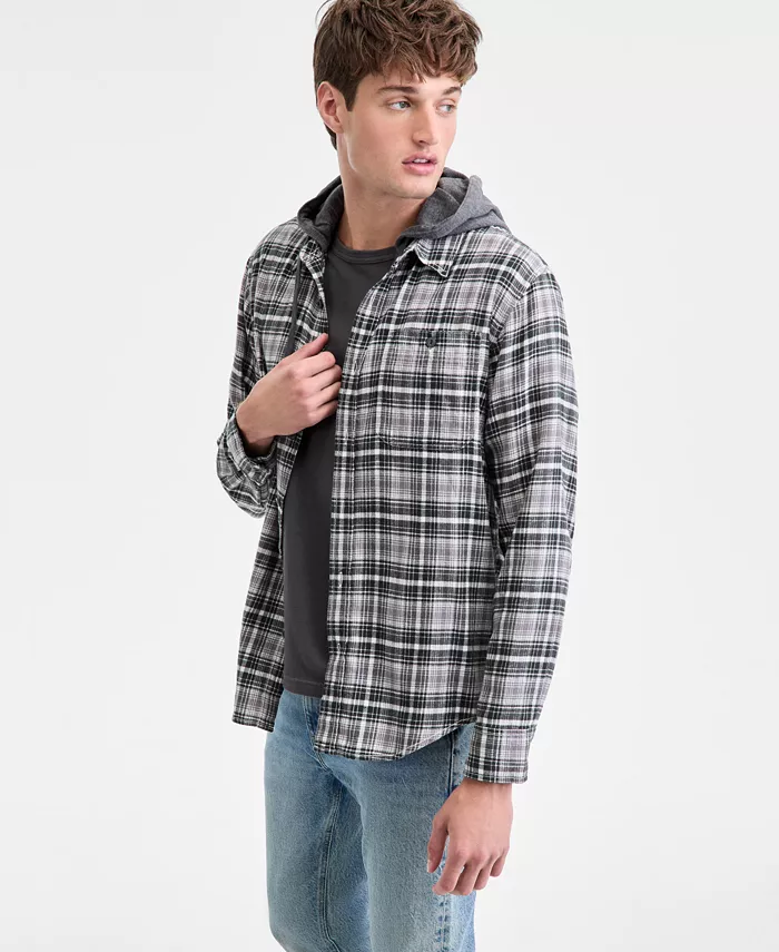 

Мужская клетчатая рубашка Russel с капюшоном, многослойный дизайн, хлопковая фланелевая рубашка Sun + Stone, серый