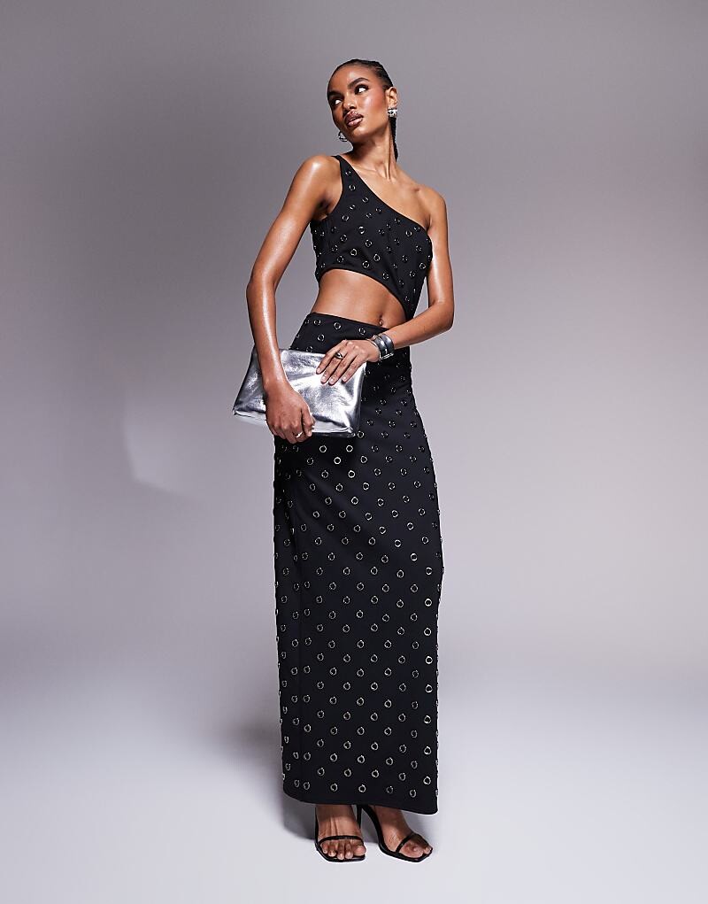 

ASOS DESIGN – Черное платье макси на одно плечо, декорированное веками