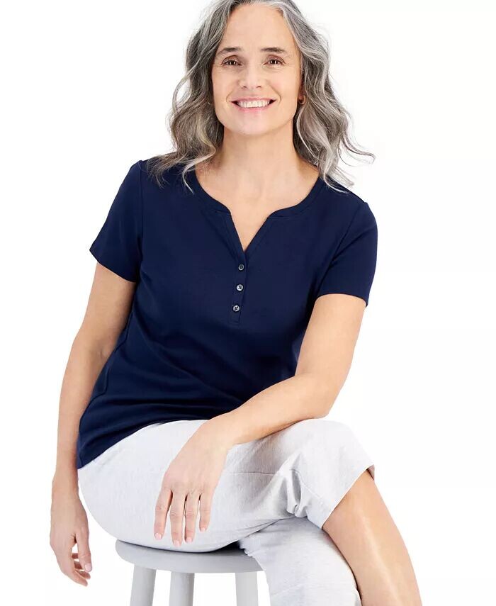 

Хлопковая футболка Petite Henley с короткими рукавами Style & Co, синий