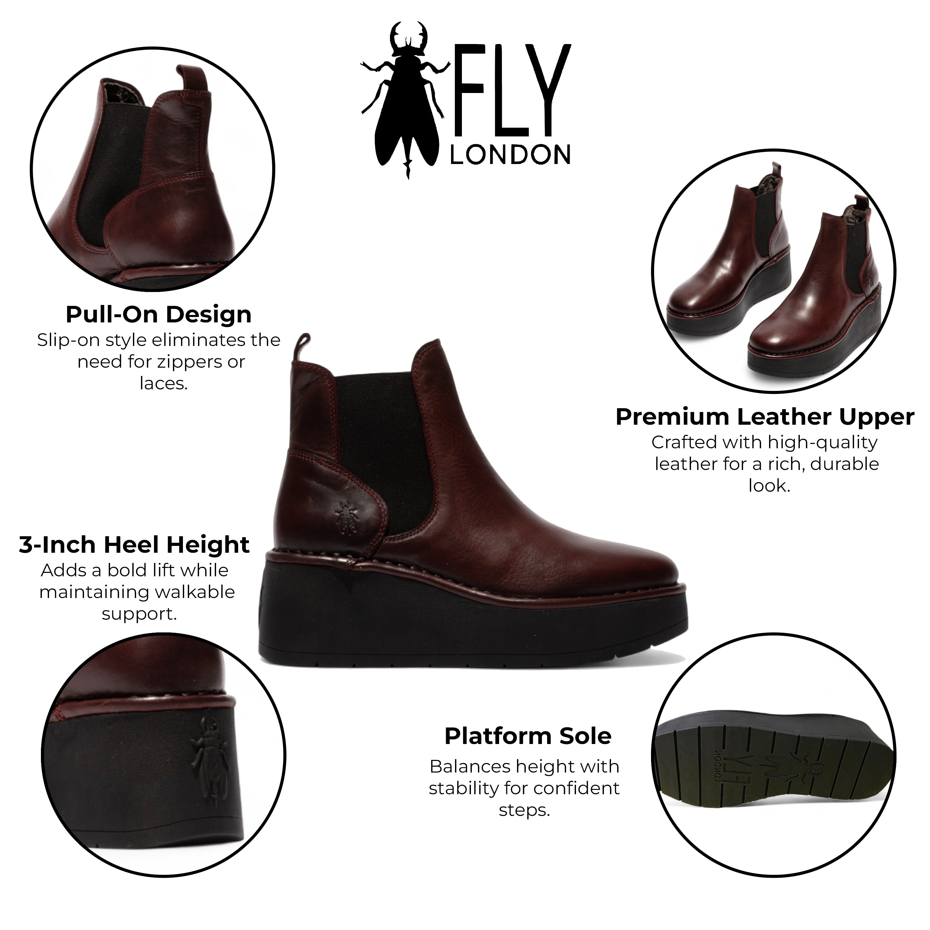 Fly London женские винно-красные ботинки HELY268 на платформе, челси, с удобной колодкой, на липучке — фото 2