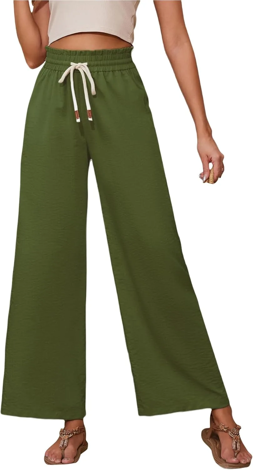 Женские летние льняные брюки на высокой талии с кулиской, широкие палаццо для пляжа и отдыха с карманами Generic, зеленый