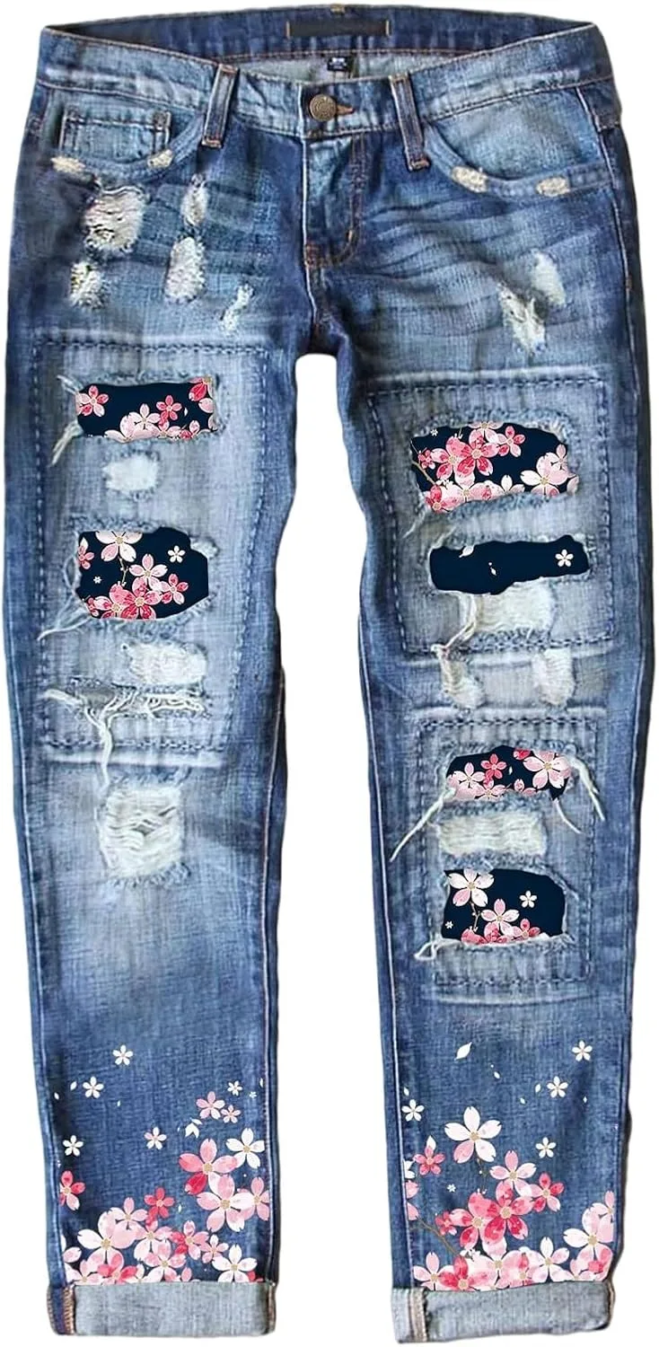 

Джинсы для женщин с цветочными аппликациями, рваные, скинни