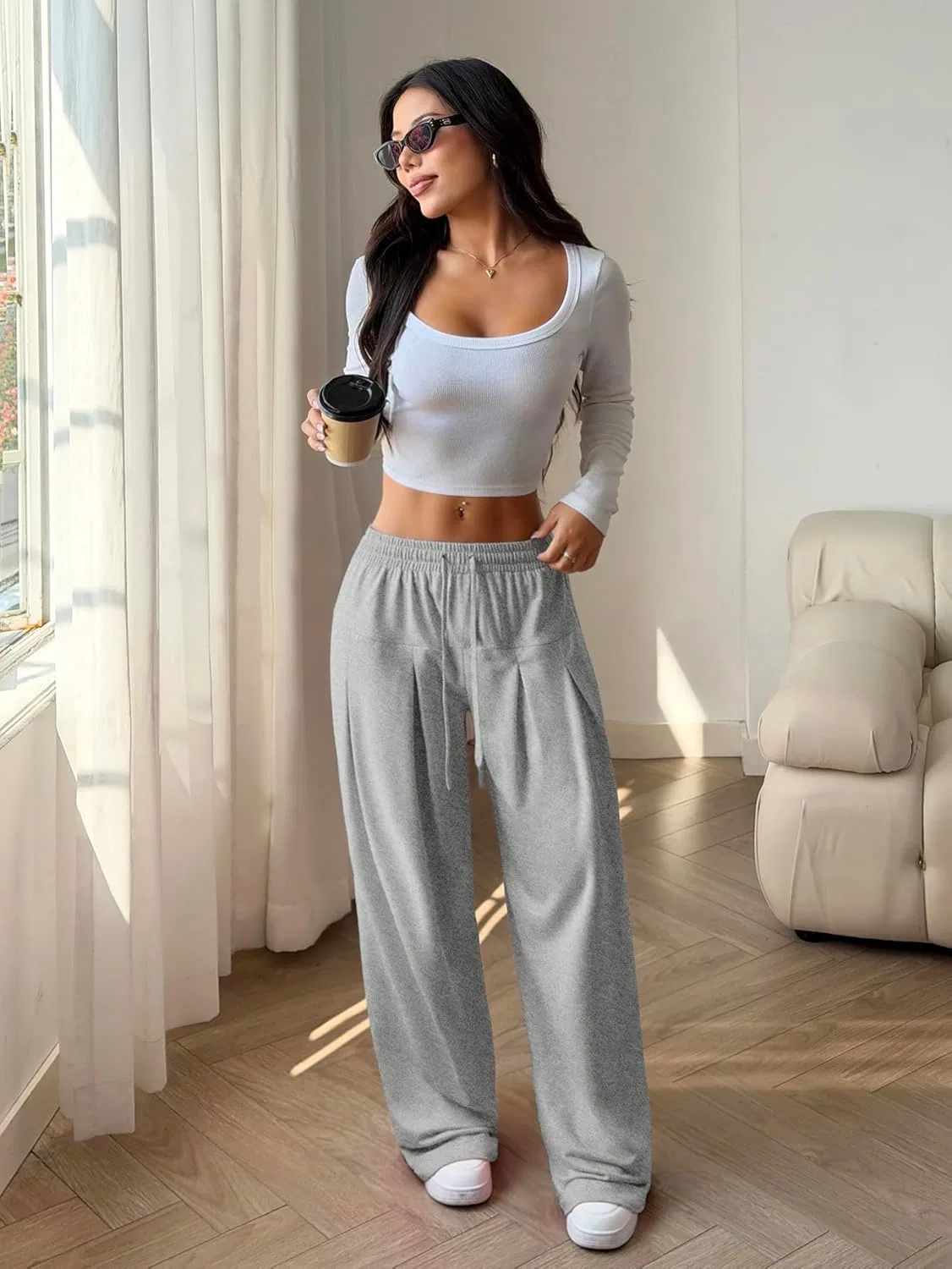 Женские широкие спортивные брюки ZAFUL на шнуровке, весенние свободные брюки для отдыха и путешествий, модные образы 2026, спортивная одежда, серый — фото 2