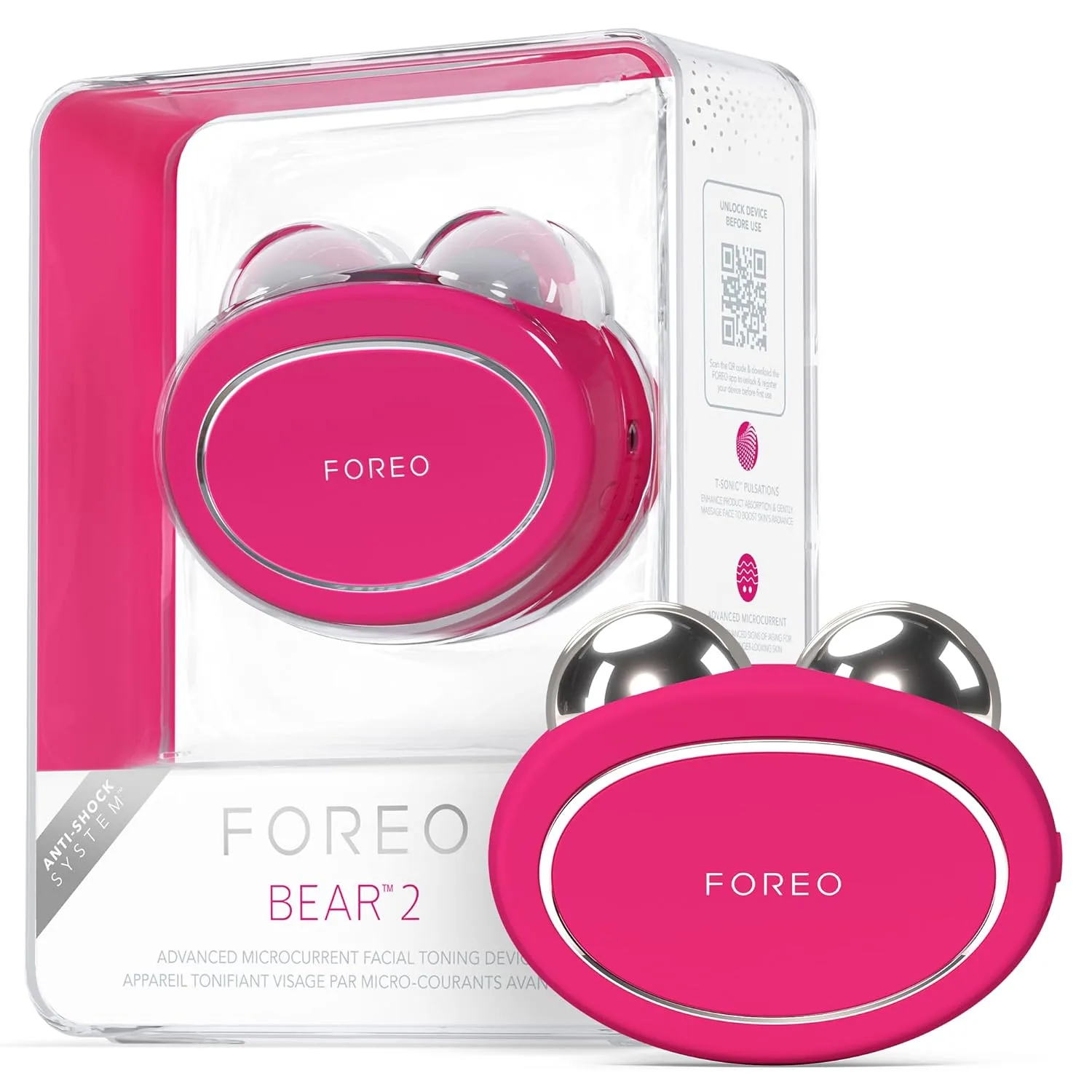 Foreo Bear 2 Advanced тонизирующее микротоковое устройство для лица - инструмент для скульптурирования, укрепления и контурирования, неинвазивное, повышает впитывание уходовых средств, цвет Fuchsia, Fuchsia