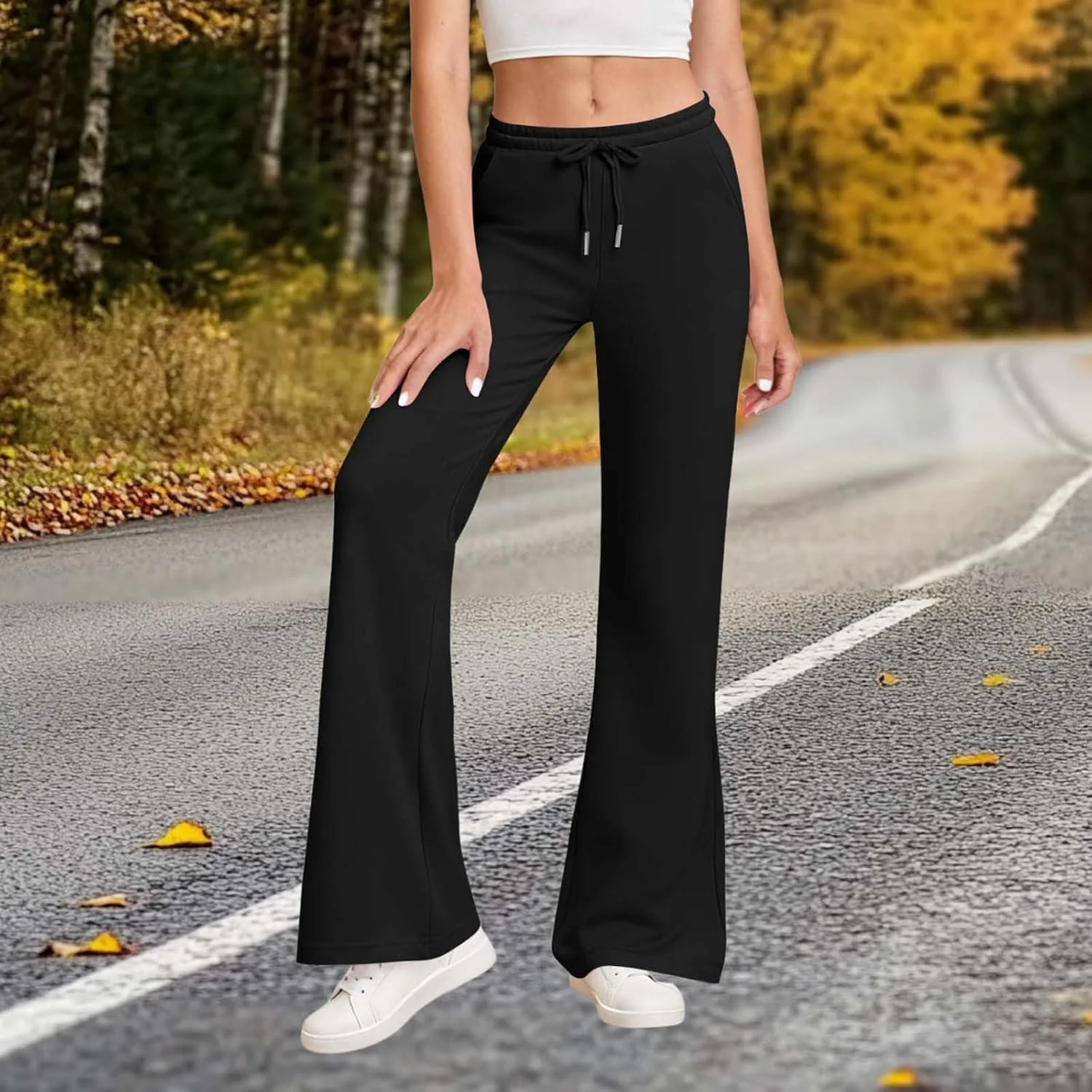 Женские спортивные штаны Trendy Comfy с расклешенным низом, повседневные брюки сплошного цвета в стиле Y2K Streetwear, мягкие препи-штаны Generic, черный — фото 2