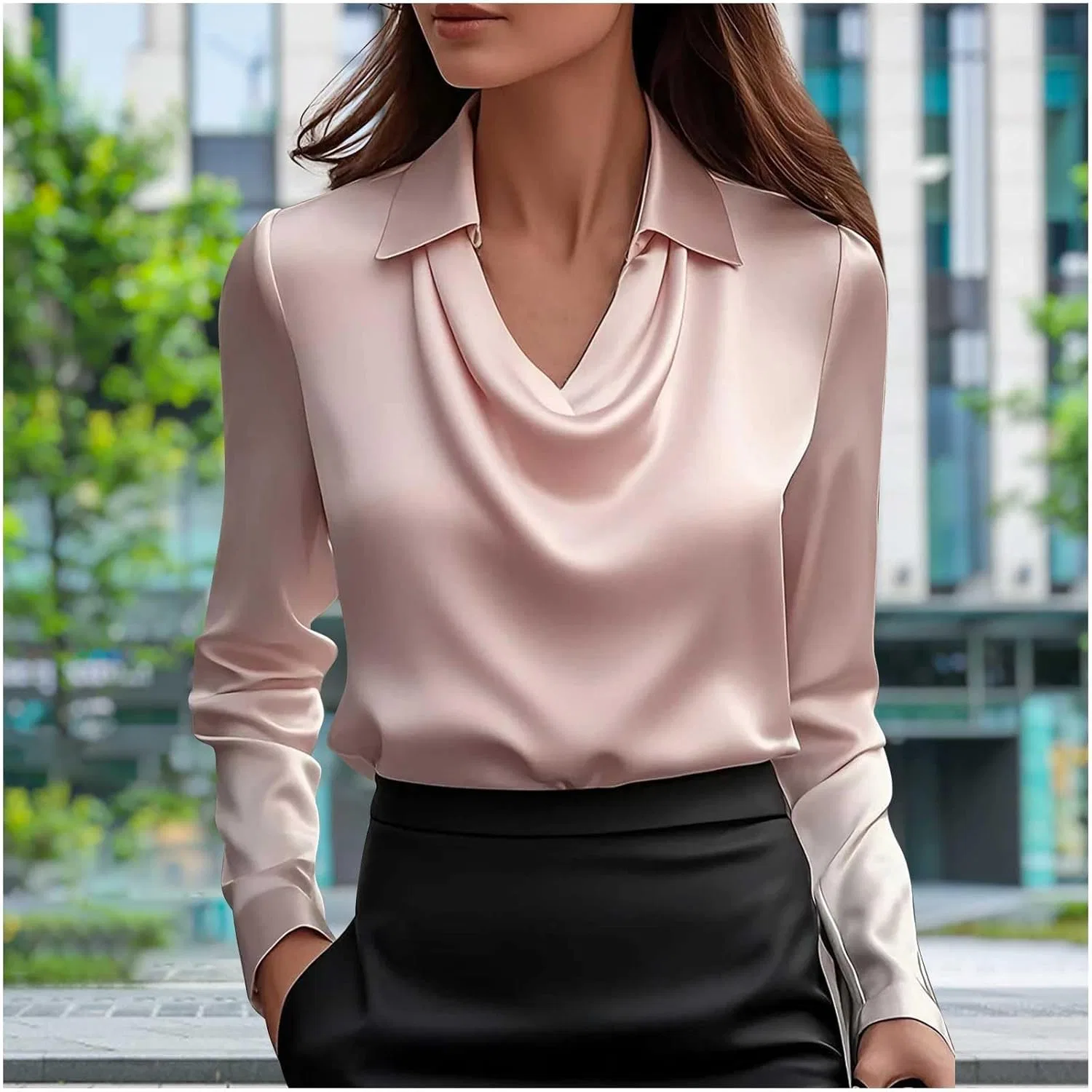 Блуза женская с воротником-лацканом, длинный рукав, Pink — фото 2