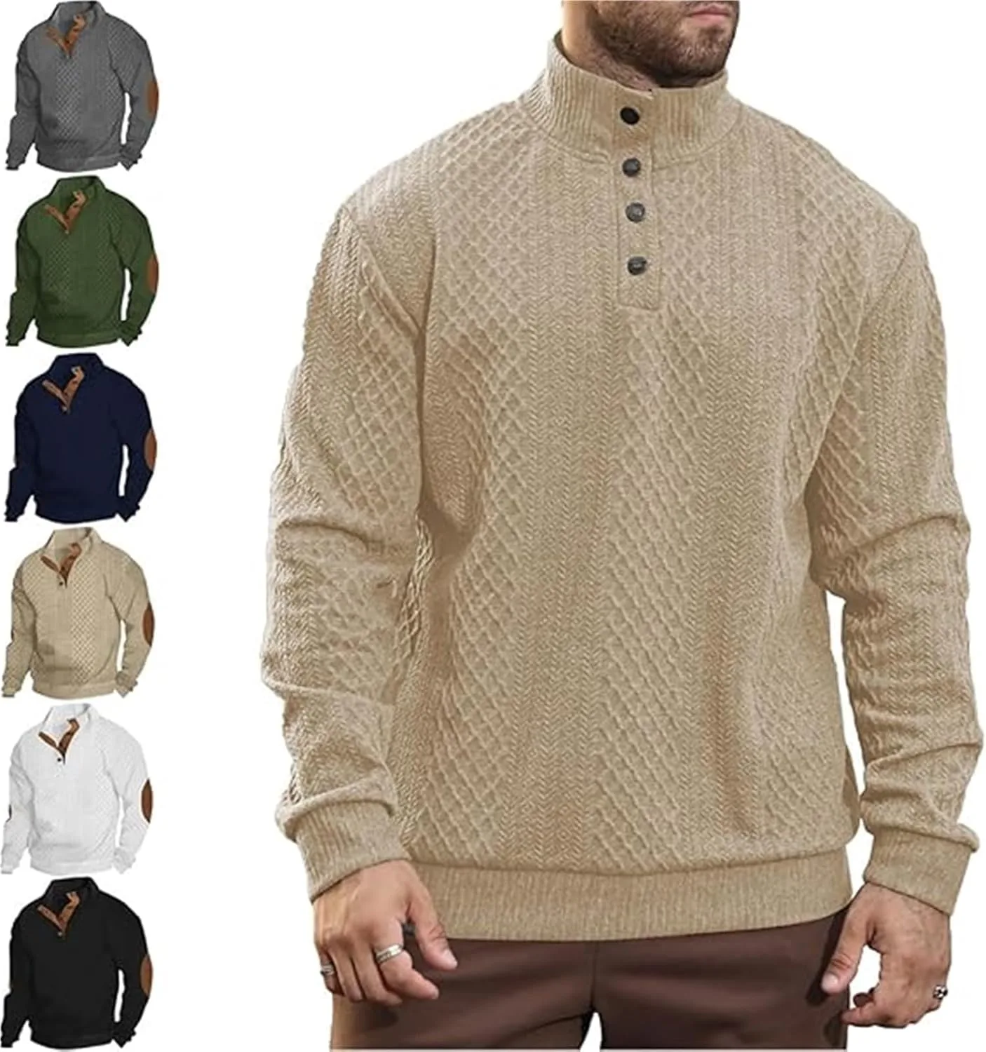 

Свитер Cross and Crown 2025 мужской кабельной вязки с высоким воротником и налокотниками