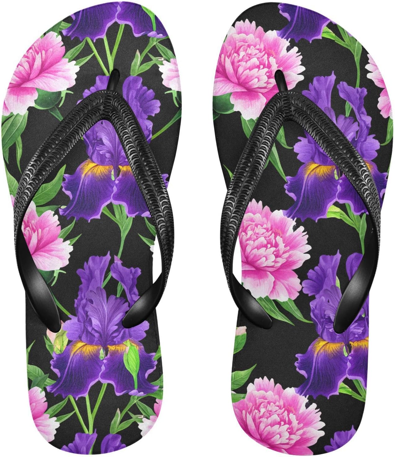 

Женские и мужские шлепанцы с фантазийным цветочным принтом пиона и ириса, черные пляжные, для душа, резиновые, с нескользящей подошвой, летние обувь для прогулок Sinestour