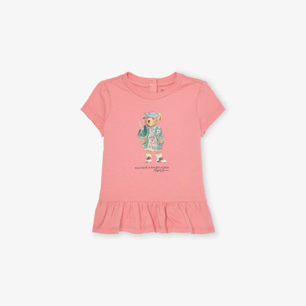 

Детская футболка из хлопкового джерси с рюшами и медвежонком Polo Ralph Lauren, цвет faded peony