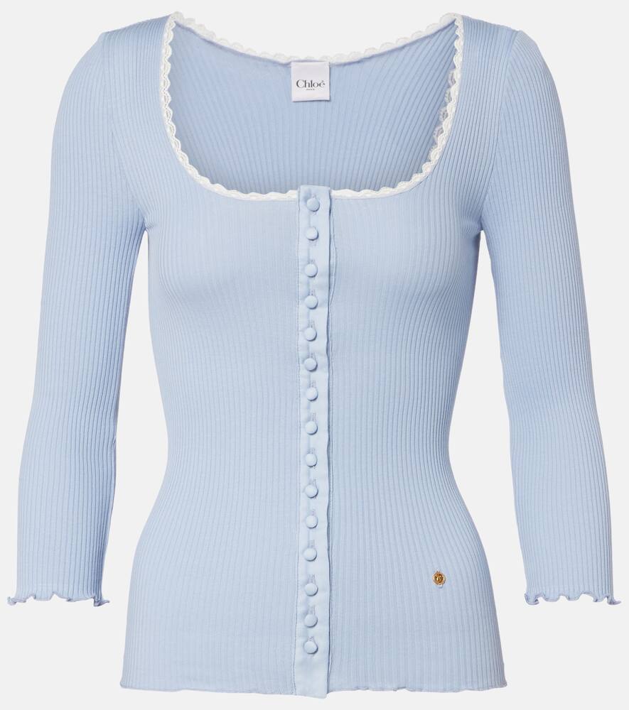 

Хлопковый кардиган с рифленой вязкой и кружевной отделкой Chloé, Idyllic Blue