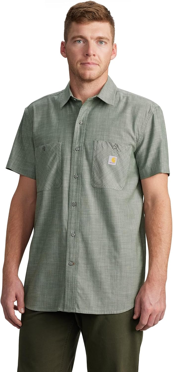 

Мужская легкая рубашка Carhartt 106745 Rugged Flex с коротким рукавом, свободного кроя, Forestry Green Cross Weave