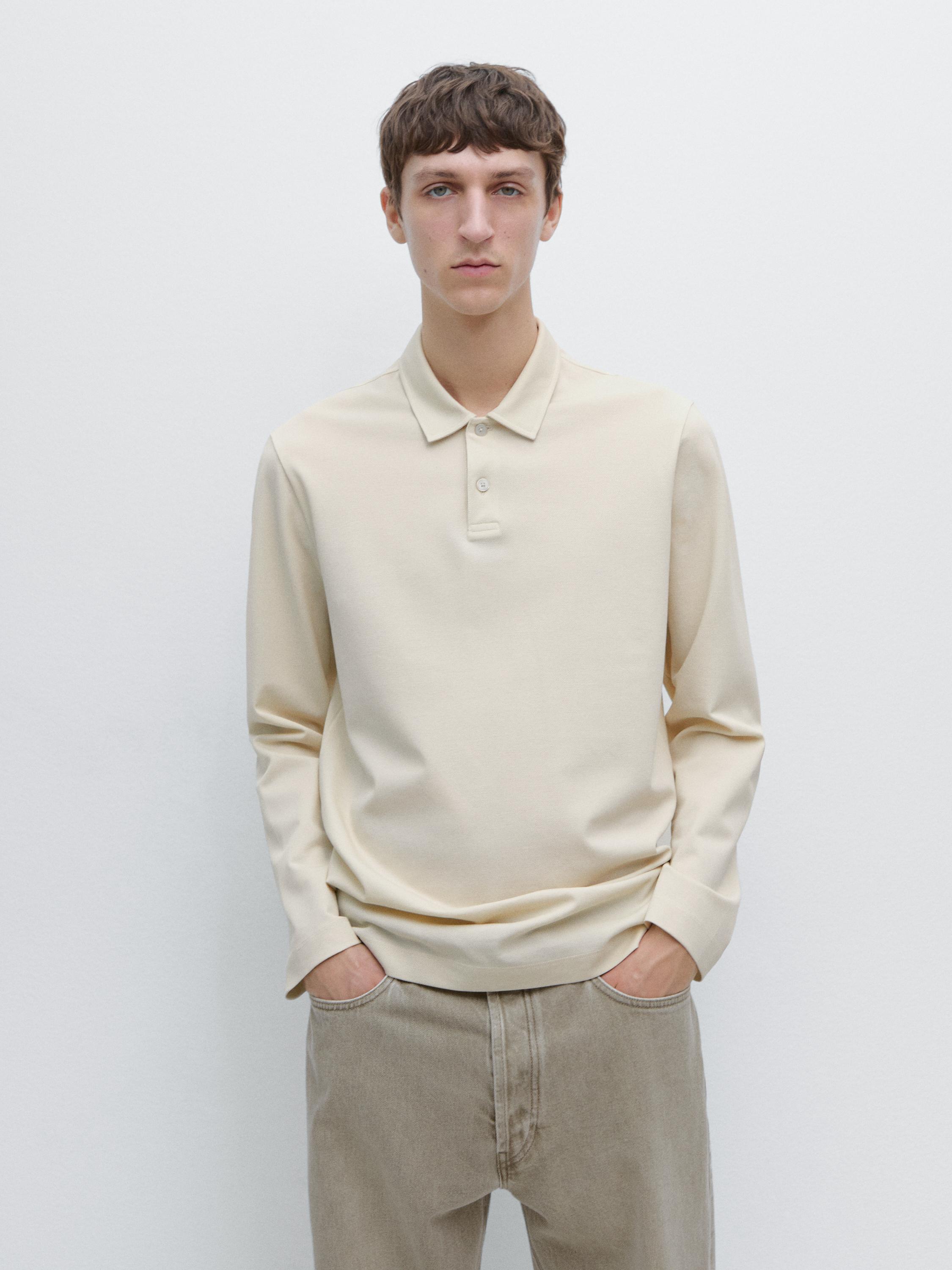 Поло из мерсеризованного хлопка пике с длинным рукавом Massimo Dutti, ivory — фото 3