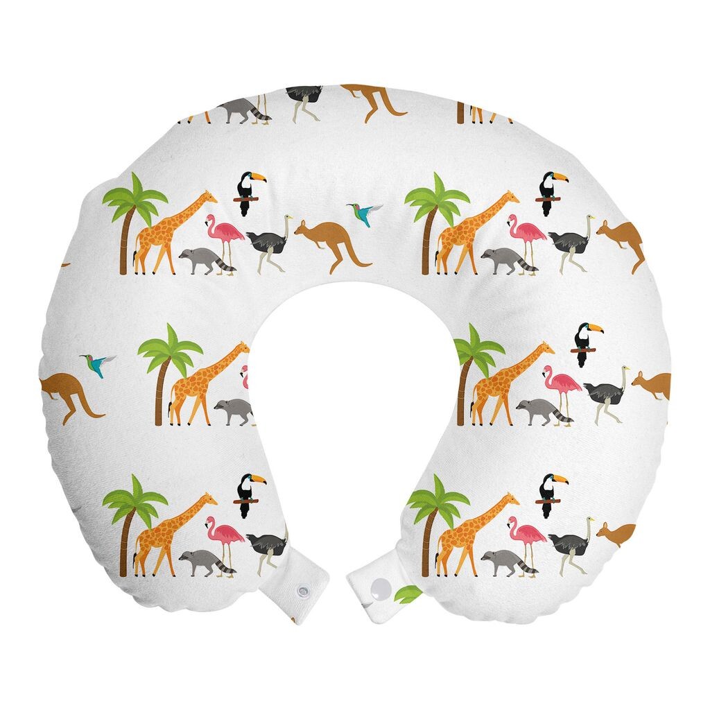 

Подушка для путешествий в зоопарк ABAKUHAUS, поддержка шеи, тукан, жираф, фламинго, животное, пенопластовый дорожный предмет для самолета и автомобиля, 30x30 см, белый и разноцветный