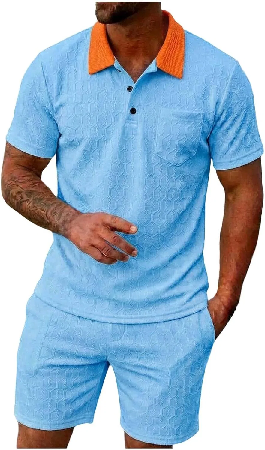 Мужской спортивный костюм из поло и шорт, 2 предмета, Sky Blue