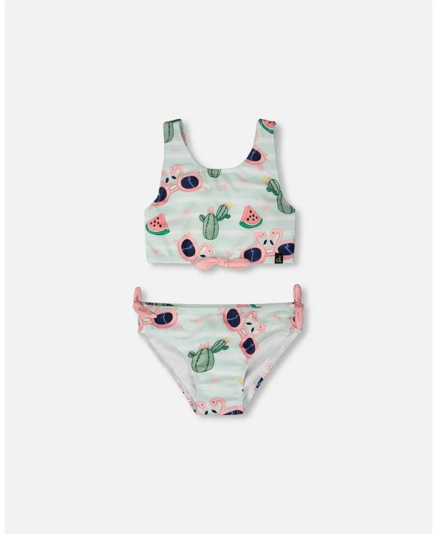 Детский купальник из двух частей с принтом фламинго и кактусов Deux par Deux, синий flamingo and cactus print