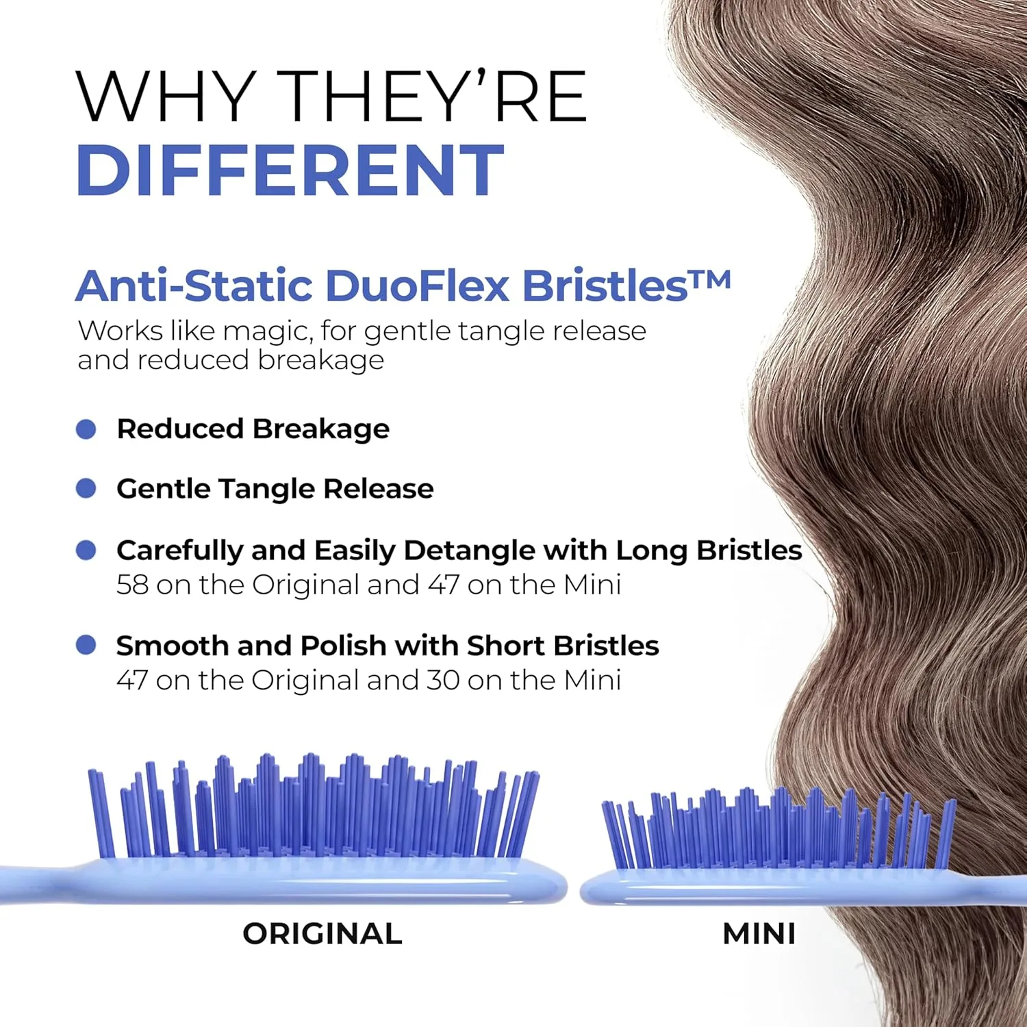 FHI Heat UNbrush Detangling Brush Combo Pack - оригинальная и мини UNbrush для всех типов волос, мокрых и сухих - DuoFlex антистатическая щетка, вентилируемая для безболезненного укладки, Periwinkle Light Blue — фото 2