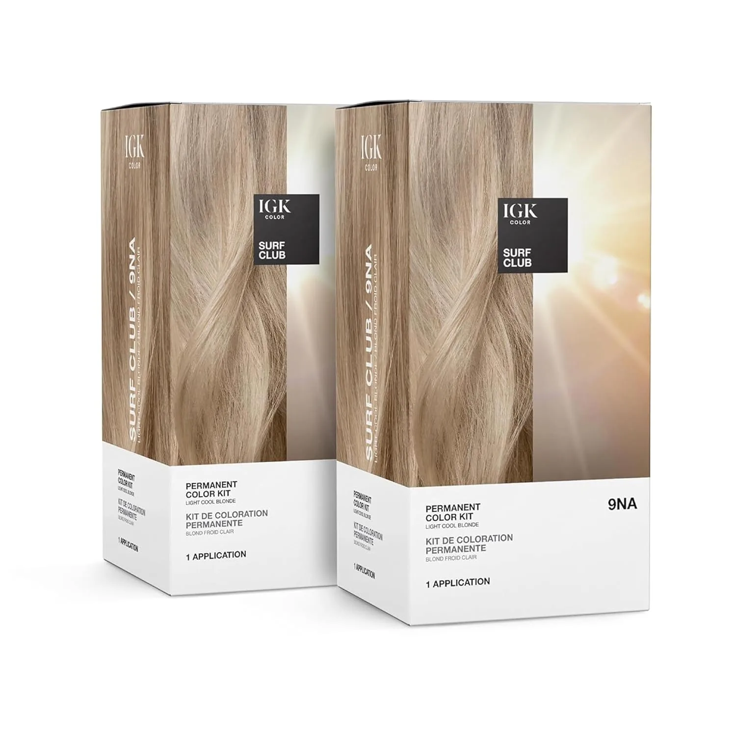 Набор для окрашивания волос IGK Permanent Hair Dye Color Kit | 9NA Surf Club - Светлый холодный блонд | 100% закрашивание седины + укрепление + блеск | Без аммиака (2 упаковки) для длинных/густых волос (134.66 г, 2 шт.), Light Cool Blonde