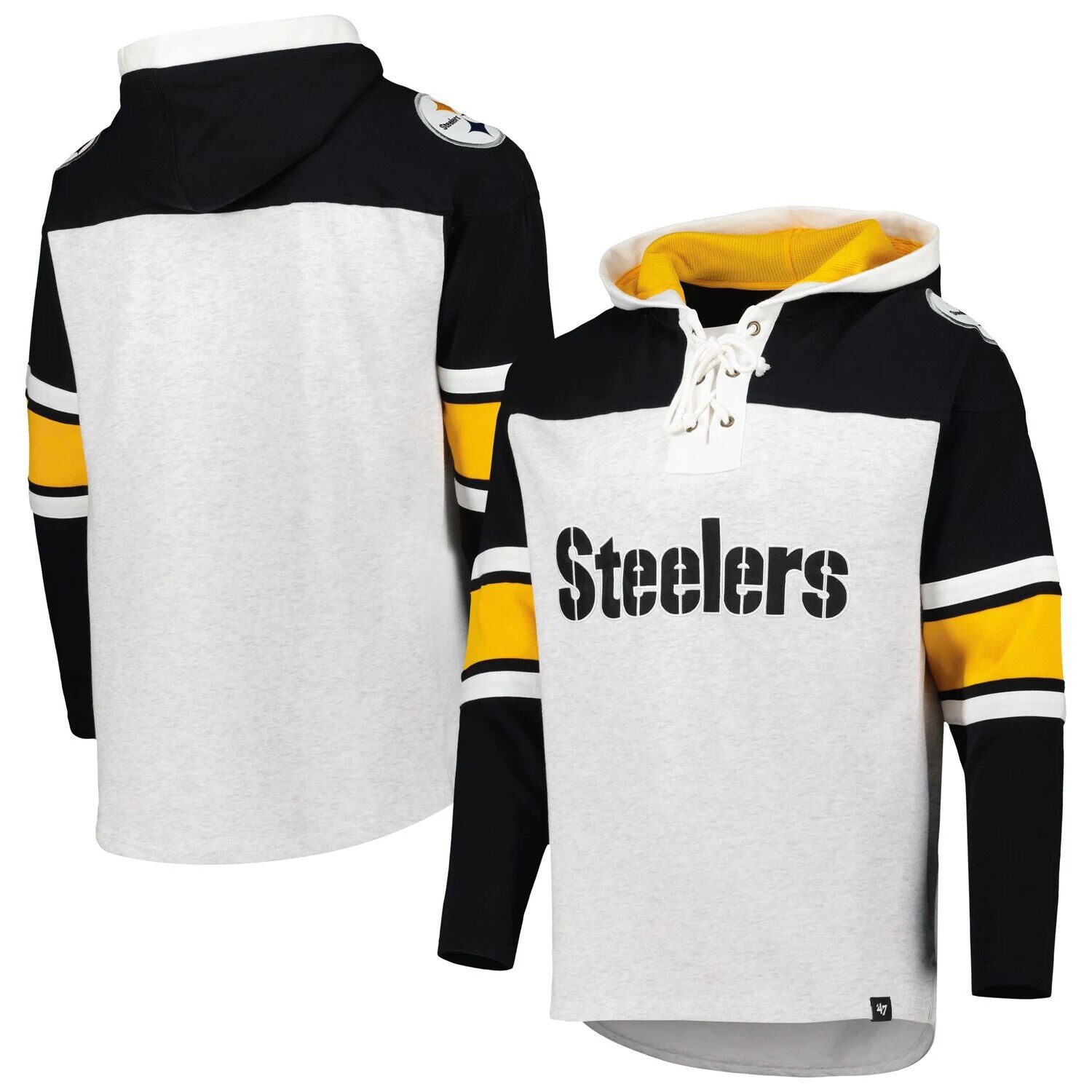 

Мужская худи на шнуровке с капюшоном Pittsburgh Steelers Heather Grey Gridiron '47 Pittsburgh Steelers