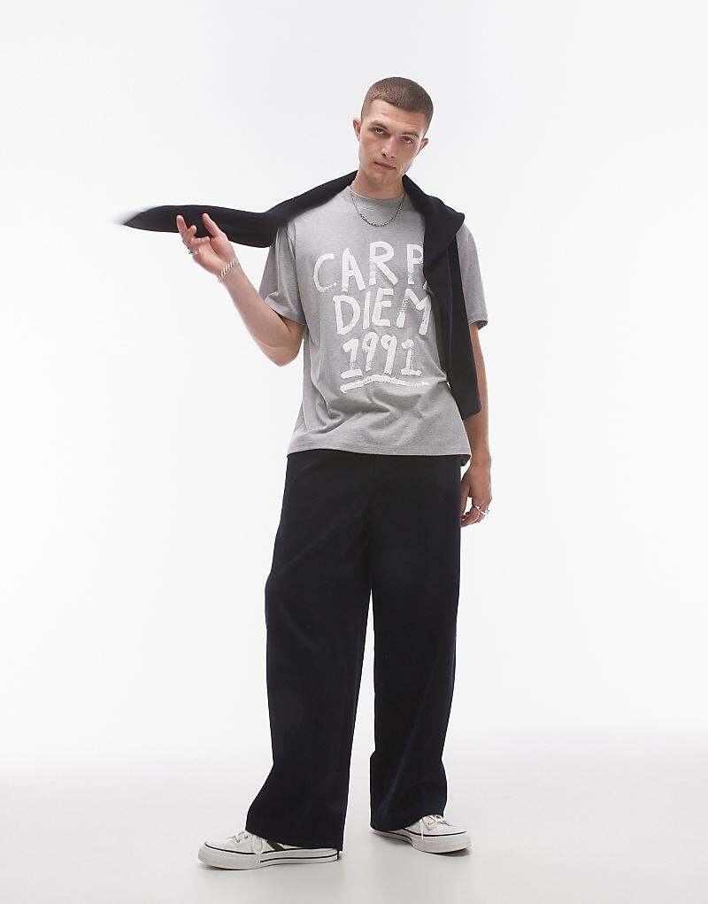 

Серая меланжевая футболка оверсайз Topman "Carpe Diem"