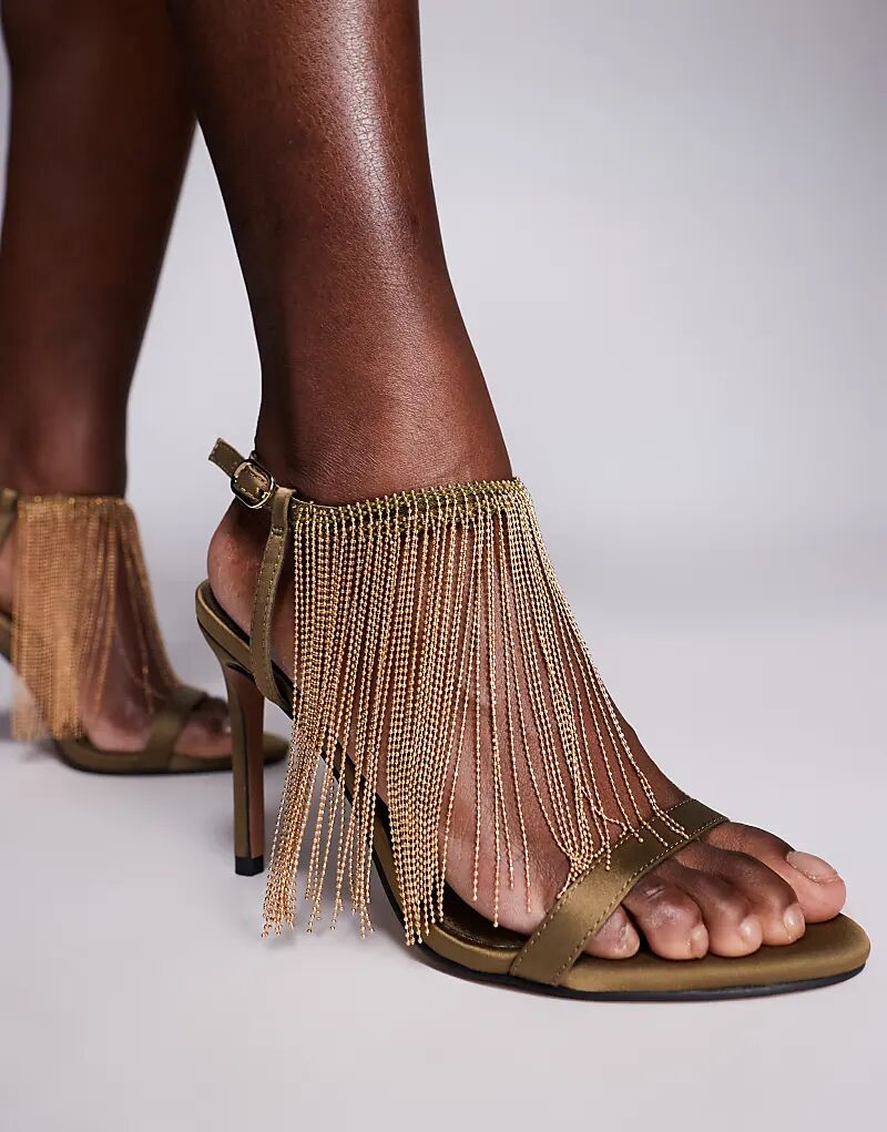 Босоножки Noelle на высоком каблуке с бахромой от ASOS DESIGN из оливкового атласа — фото 2