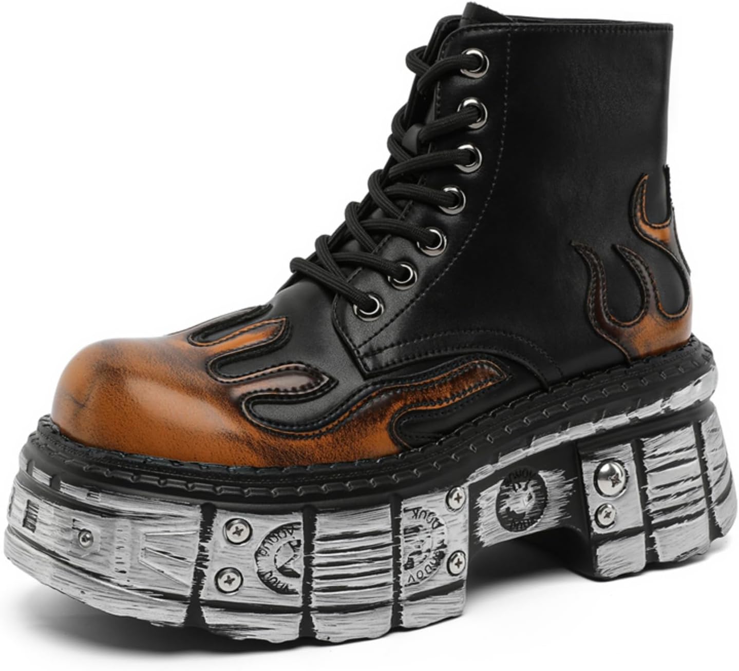 

Мужские кожаные оксфорды на шнуровке с тиснением в виде пламени на носке, индустриальная массивная платформа и металлические детали - обувь в стиле панк для городского модного повседневного ношения Lshwcift, коричневый