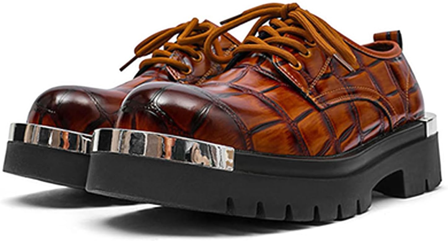 

Мужские кожаные оксфорды на платформе с принтом, роскошной рифленой подошвой, противоскользящие, с шнуровкой, с круглым носком, бизнес-обувь, модные повседневные оксфорды для танцев Ghibhna, коричневый