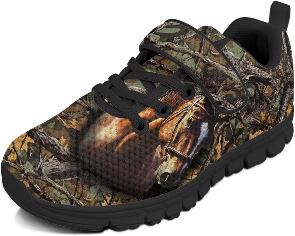 

Детские кроссовки Pointodoor с принтом радуги и пламени для мальчиков и девочек, прогулочные, нескользящие, легкие, дышащие, спортивные, для бега и тенниса, на липучках, Horse Hunting Camo