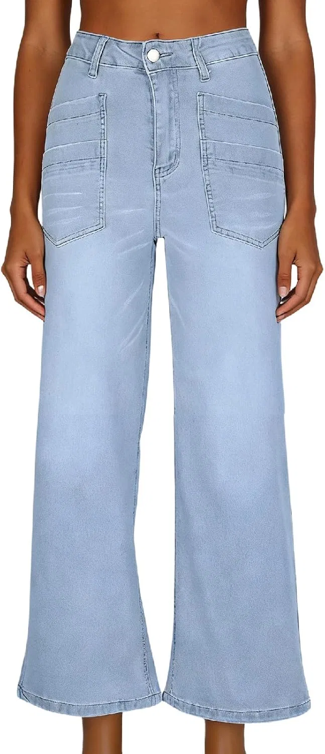 Джинсы свободные, Wide Leg Denim Cropped Pants, Light Blue