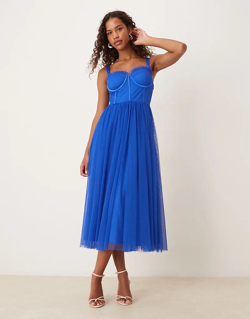 

Платье-корсет миди с тюлем и кружевом, кобальтового цвета