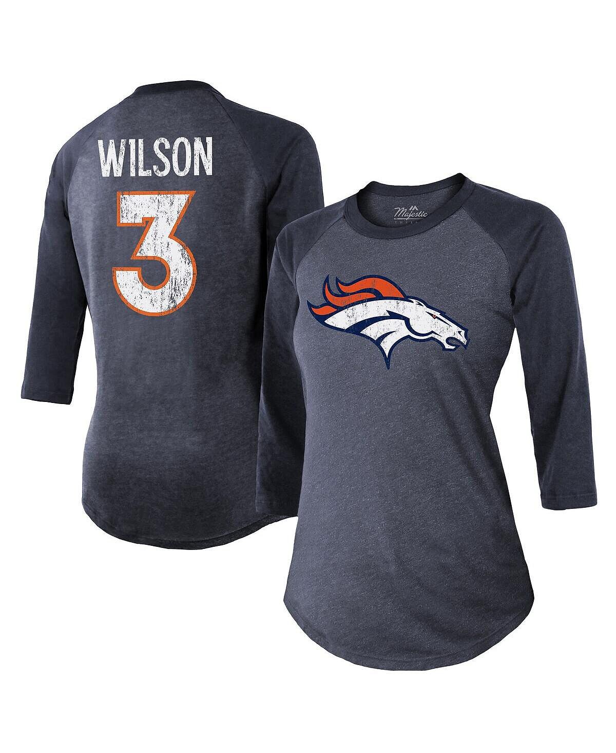 

Женская футболка с надписью Russell Wilson Navy Denver Broncos с именем и номером реглан с рукавами 3/4 Majestic, темно-синий