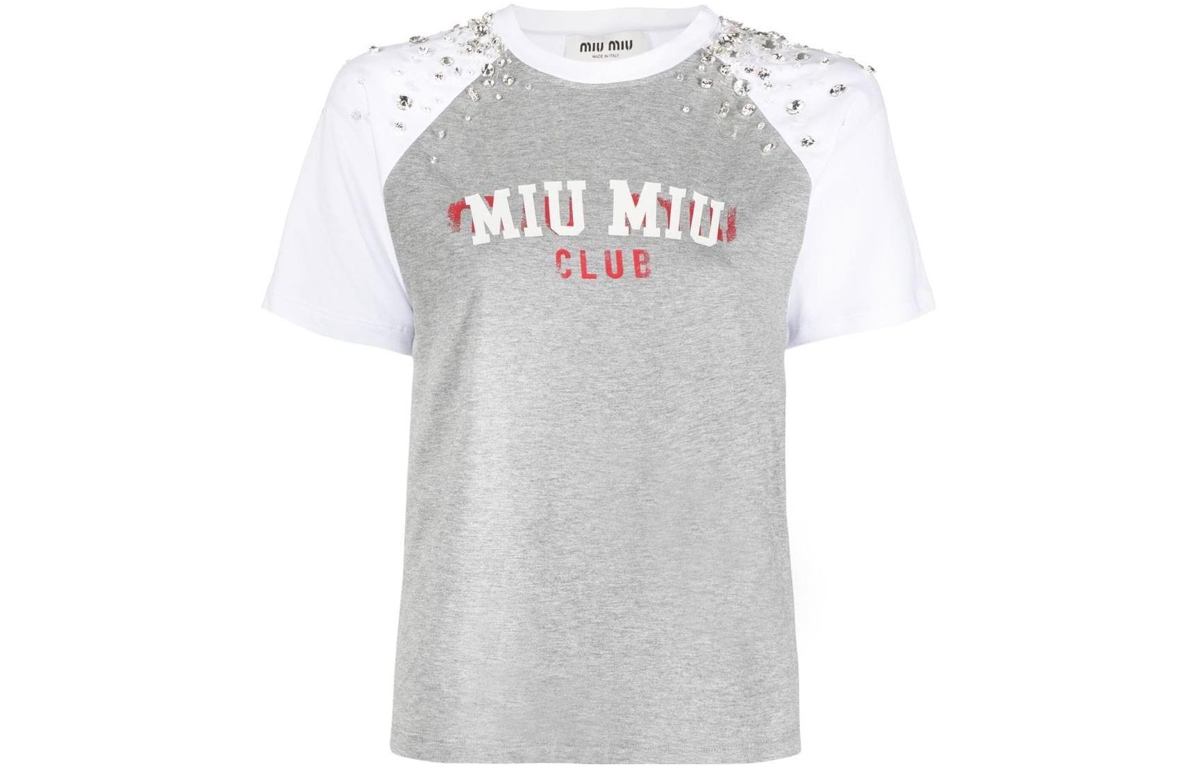 

Футболка с рукавом реглан женская бело-серая MIU MIU