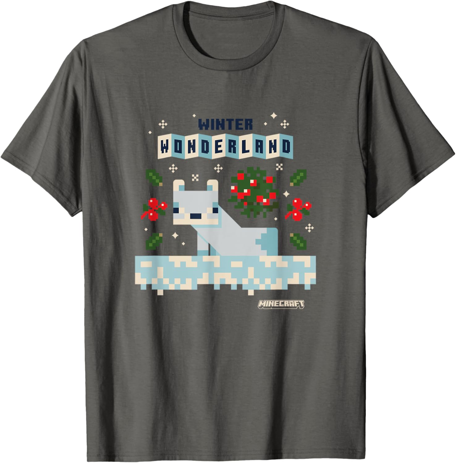 

Футболка Minecraft Рождественская зимняя сказка с милым снежным лисом, серая