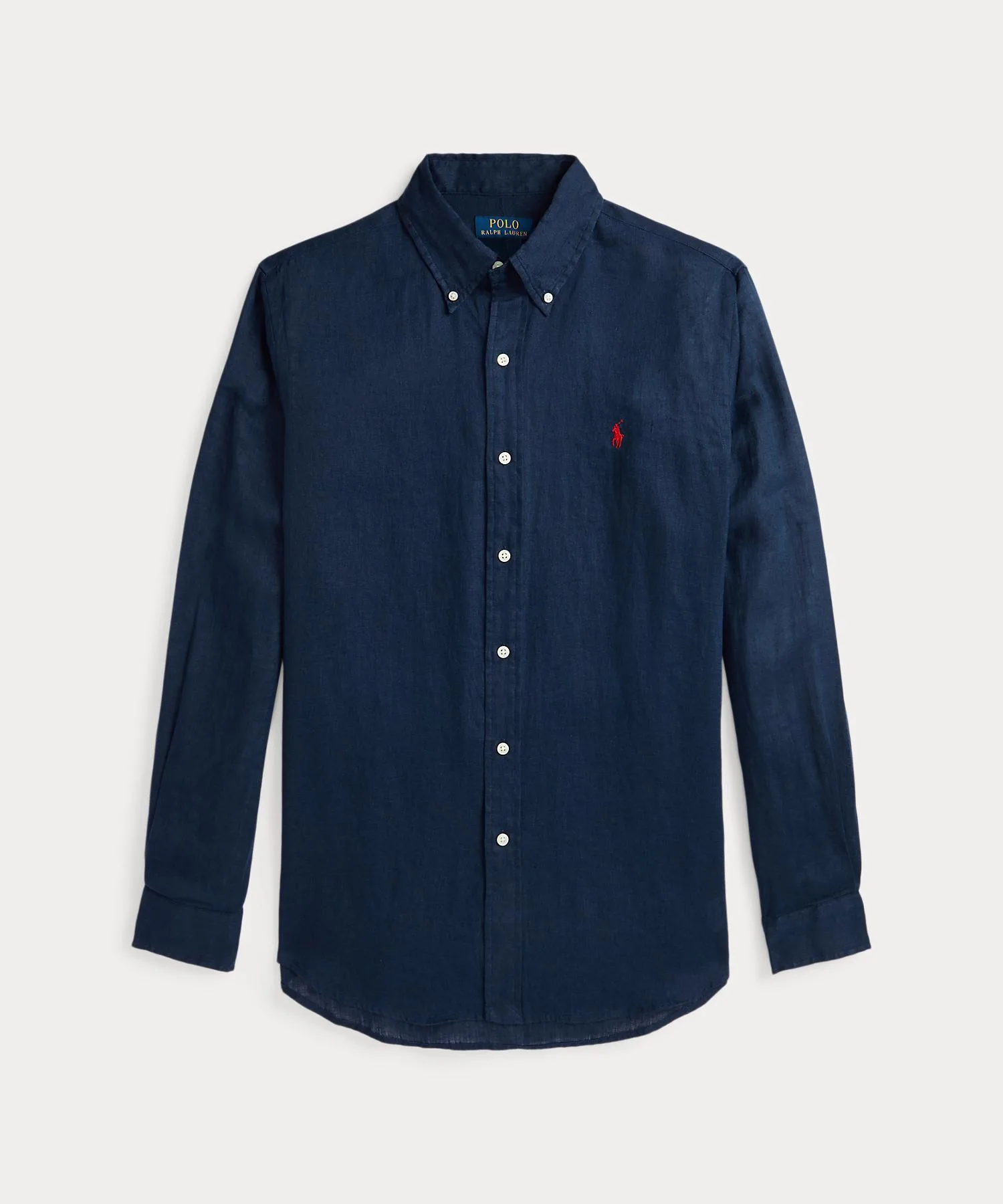Мужская рубашка классического кроя из льна с вышитым пони POLO RALPH LAUREN темно-синяя