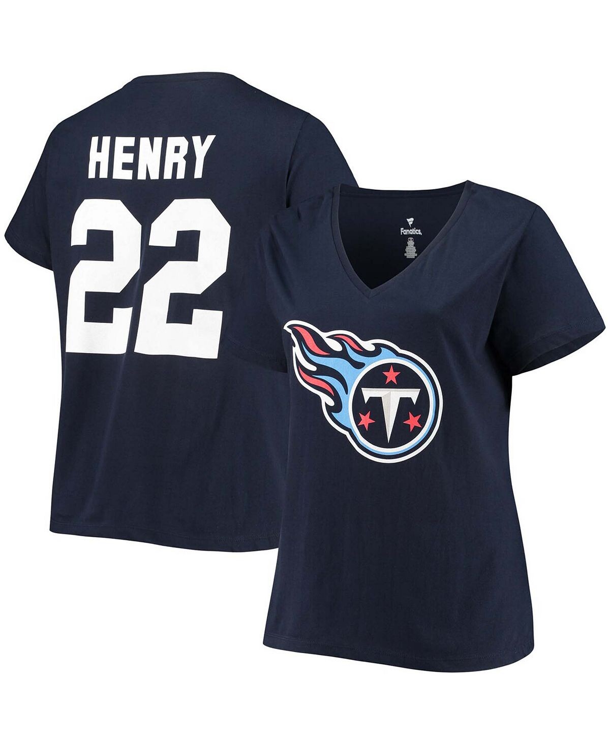 

Женская футболка больших размеров Derrick Henry Navy Tennessee Titans с именем и номером с v-образным вырезом Fanatics, темно-синий