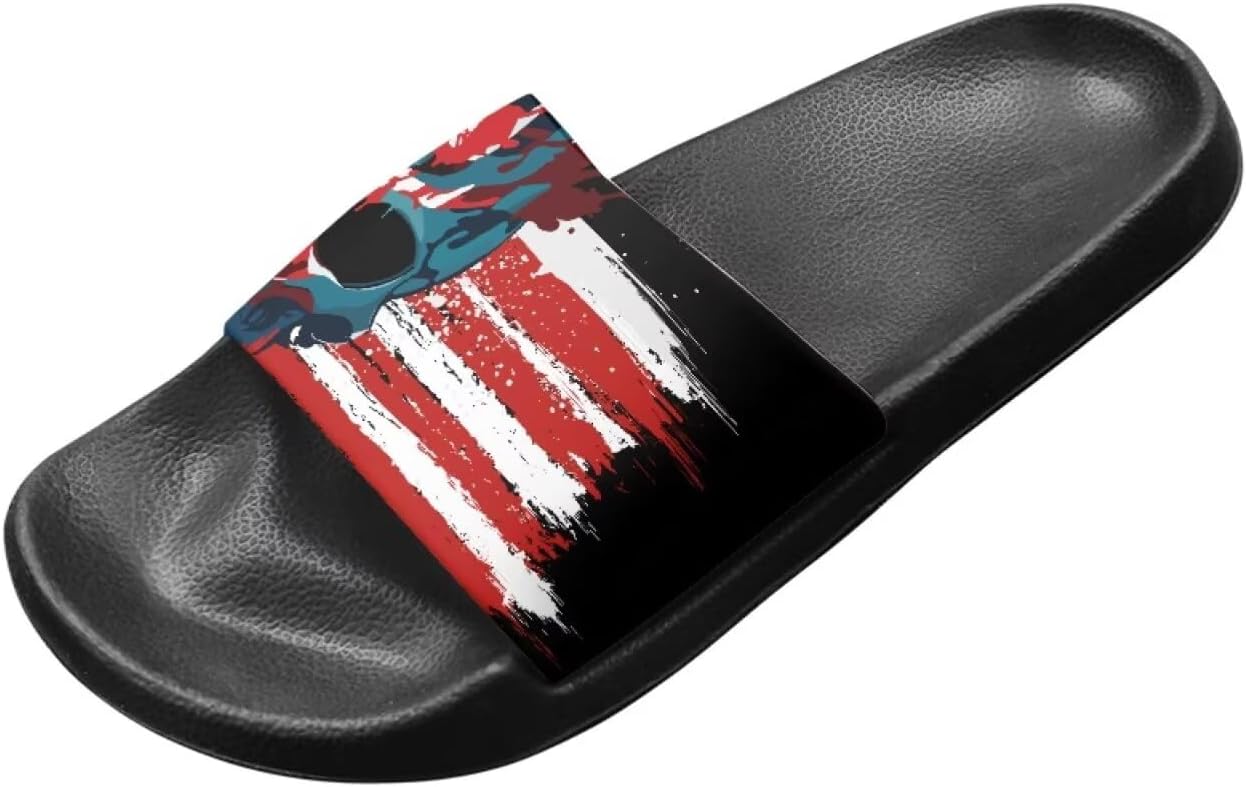 

Сандалии Binienty с одной полоской для женщин и мужчин, нескользящие, повседневные, для прогулок, пляжные шлепанцы с поддержкой свода стопы, American Flag Skull