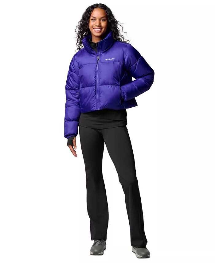 

Женская шапка с помпоном, укороченная куртка, спортивный топ и леггинсы-буткат Columbia, белый