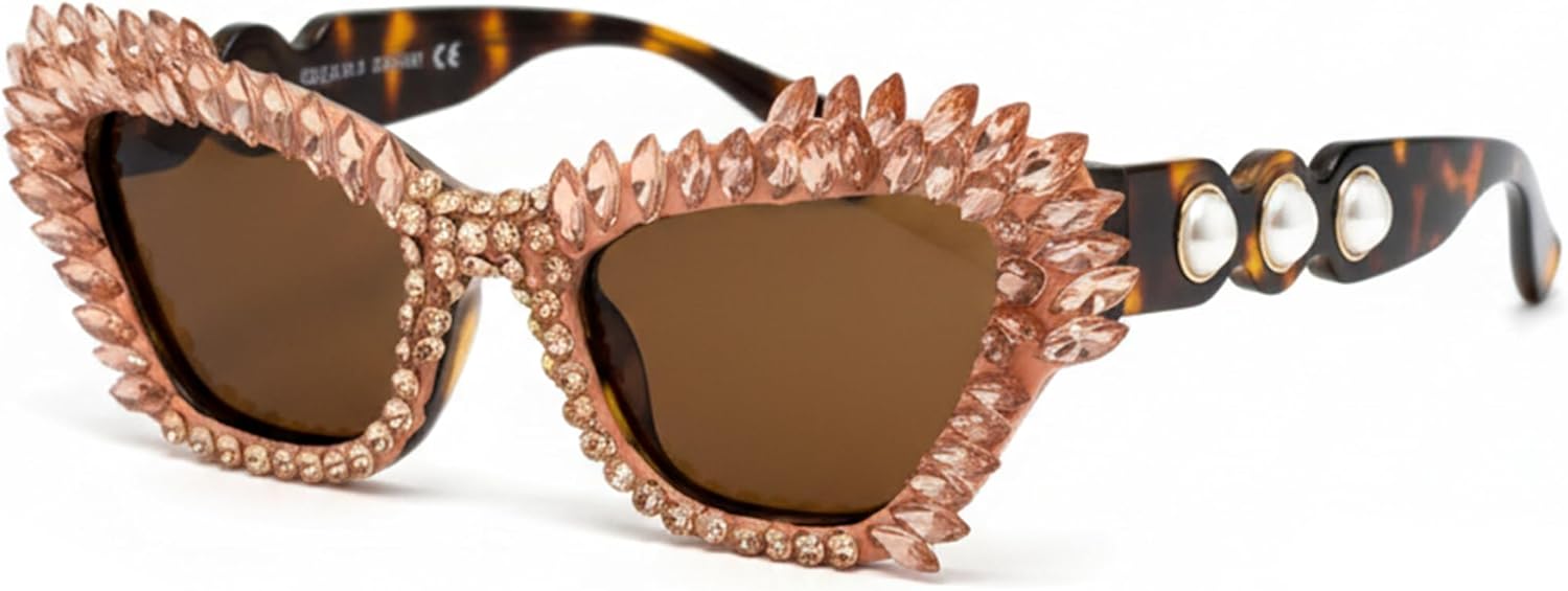 

bullabulling Модные солнцезащитные очки с блестками и стразами для женщин и мужчин, модель «кошачий глаз», с эффектом мерцания и кристаллами, с защитой от УФ-излучения, Leopard/Champagne