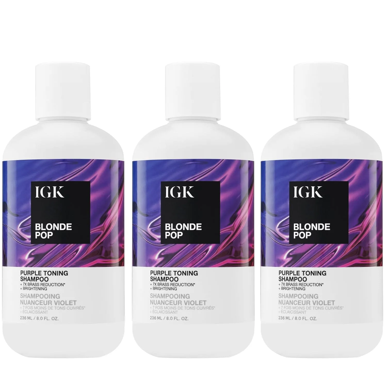 Набор из 3 фиолетовых шампуней IGK Blonde Pop для светлых, мелированных или окрашенных волос.