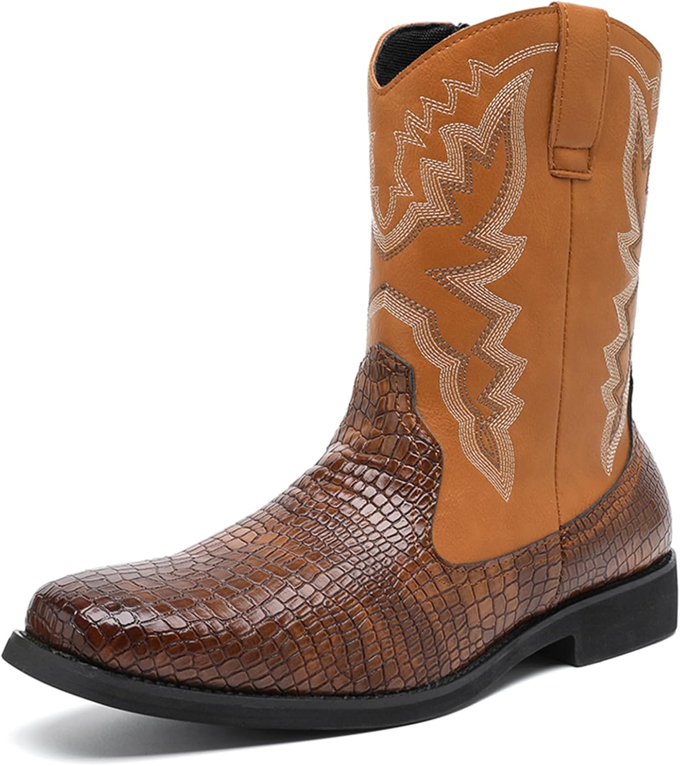 

Мужские западные сапоги средней длины, квадратный носок, вышитый узор, коричневые и черные Generic