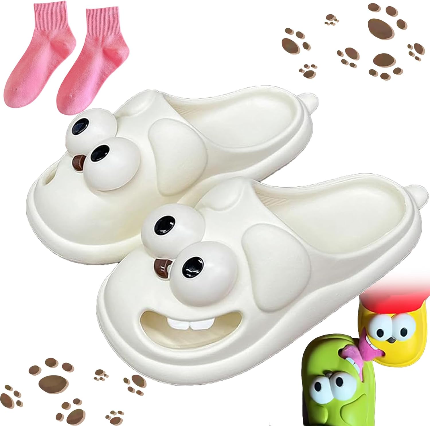 

Тапочки для поцелуев для пар - забавные 3D-тапочки с большими глазами и языком собаки, милые мультяшные домашние тапочки, нескользящие домашние тапочки для женщин и мужчин Kzaer, белый