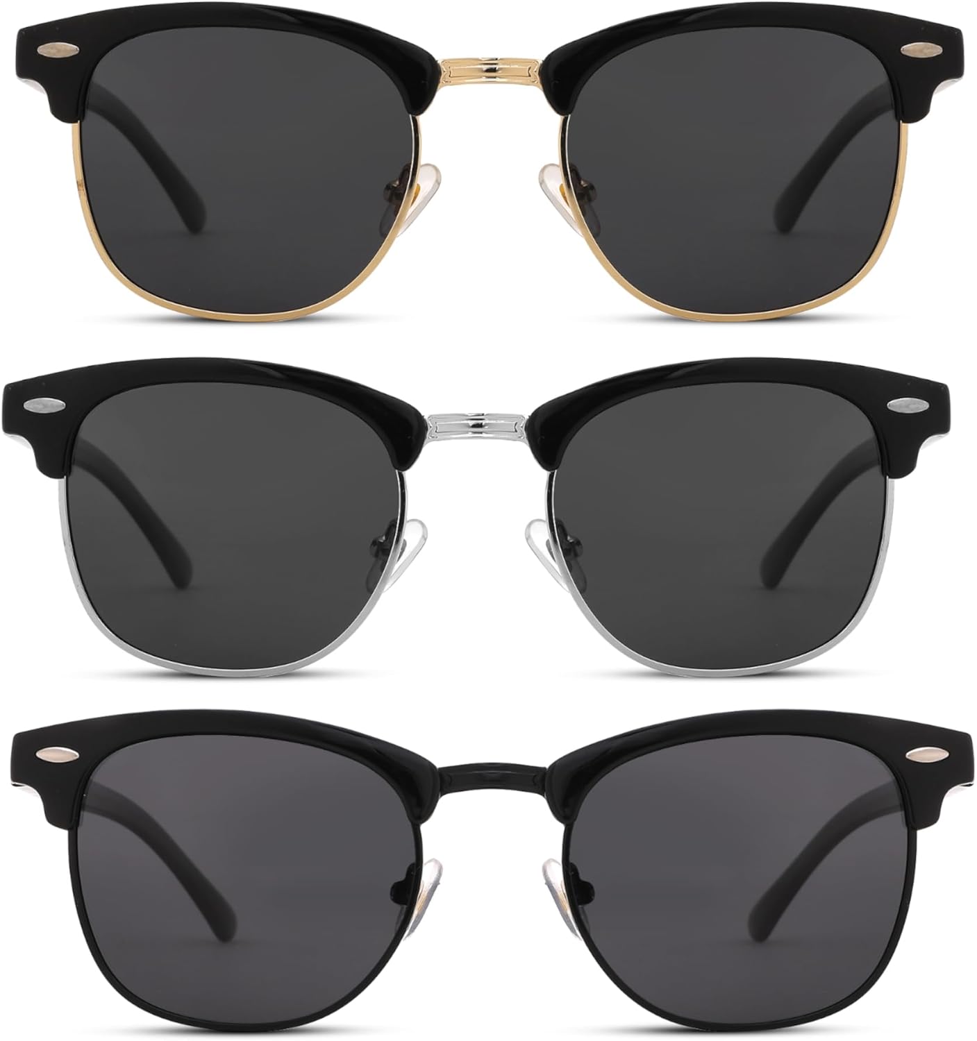 

Полуободковые поляризованные солнцезащитные очки Pro Acme с защитой от УФ-излучения UV 400 для женщин и мужчин, E7 Black/Black Rimmed + Black/Gold Rimmed + Black/Silver Rimmed (3 Pack)