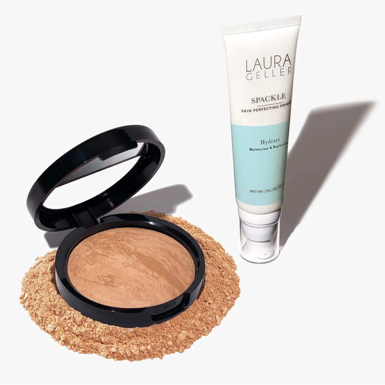LAURA GELLER NEW YORK Balance-n-Brighten Powder Foundation, Golden Medium + Spackle Super-Size Makeup Primer with Hyaluronic Acid, Hydrate, Golden Medium