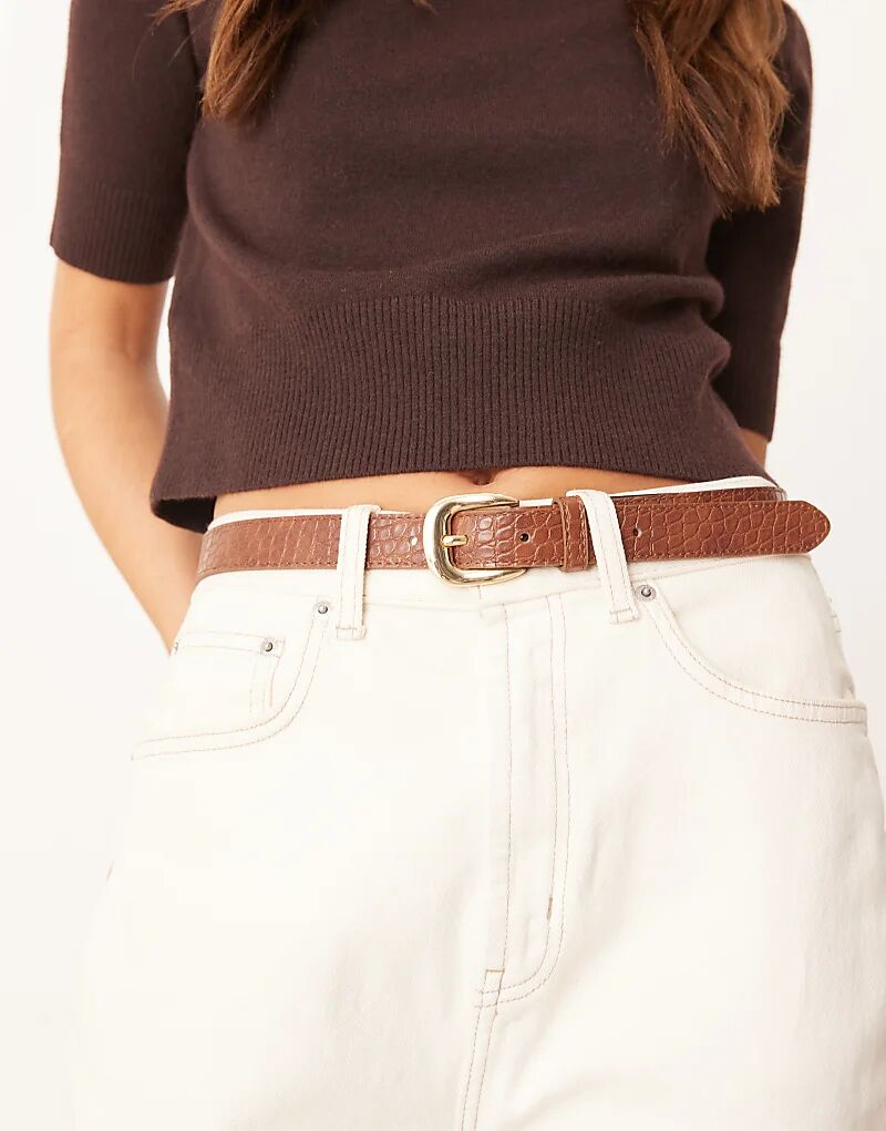 

Ремень Mango из искусственной кожи крокодила с золотистой пряжкой коричневого цвета