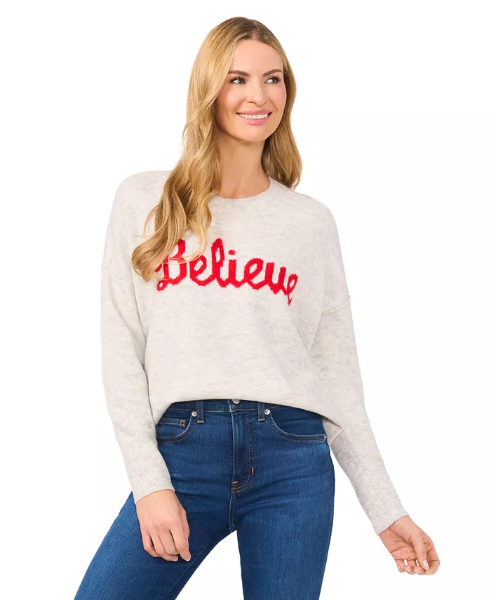 

Женский уютный свитер с длинными рукавами Believe Script CeCe, серебряный